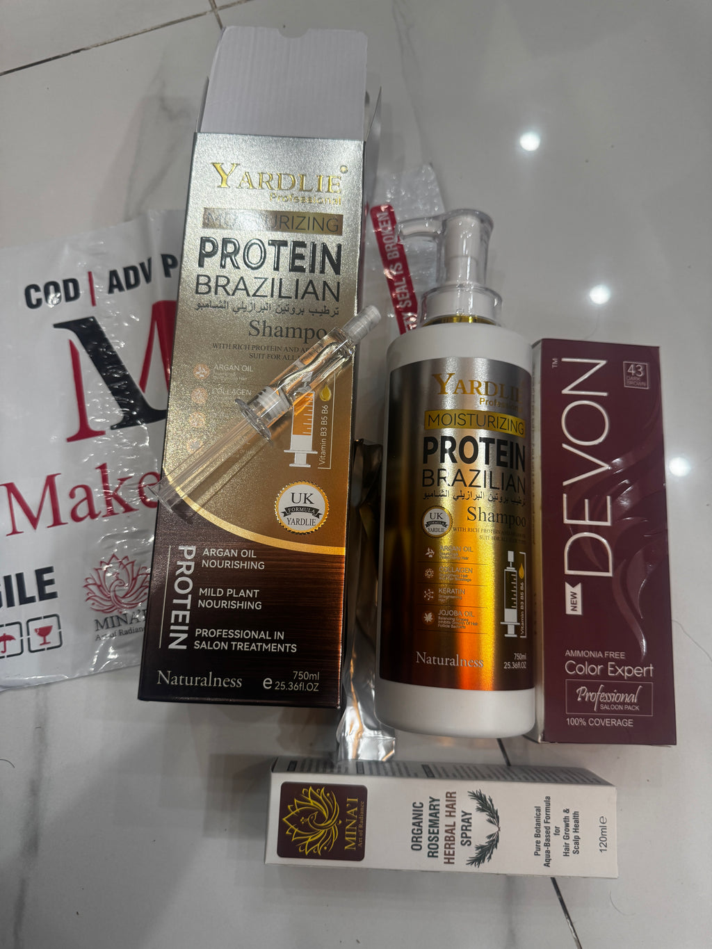 Yardlie proteen Shampoo with Inj + Free Devon Color Brown & Free RoseMary Hair Spray Deal