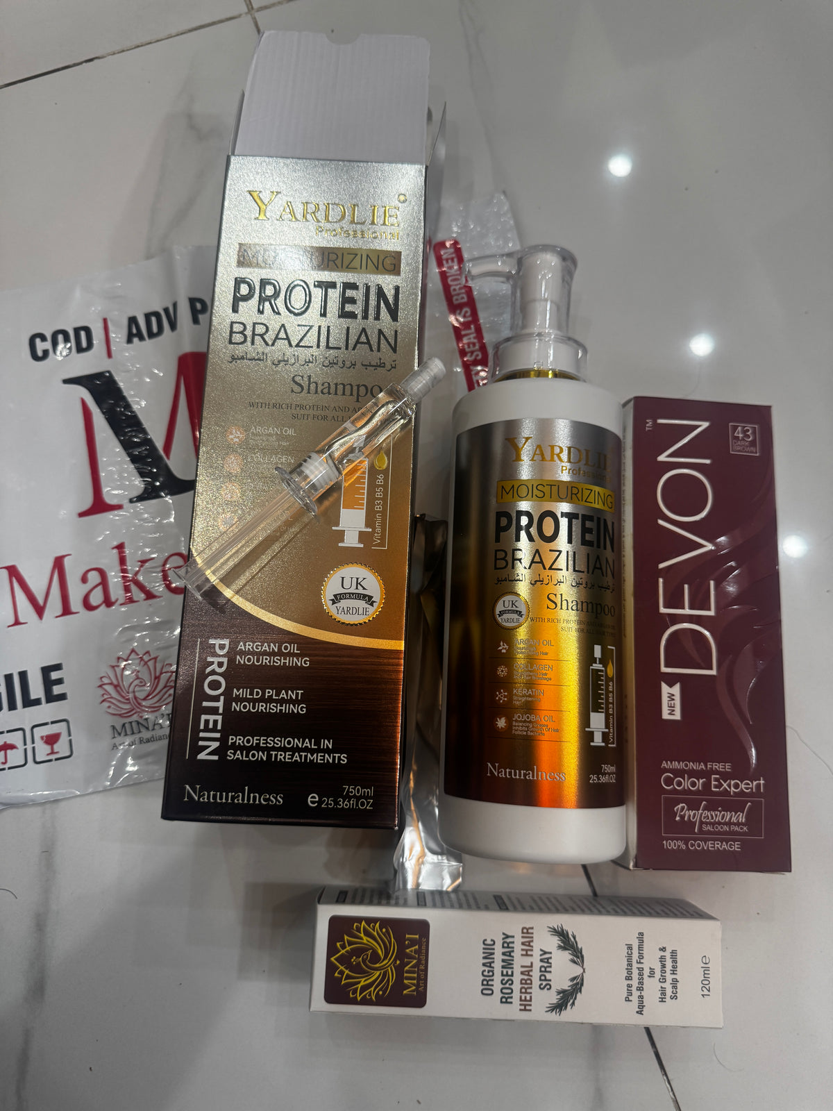 Yardlie proteen Shampoo with Inj + Free Devon Color Brown & Free RoseMary Hair Spray Deal